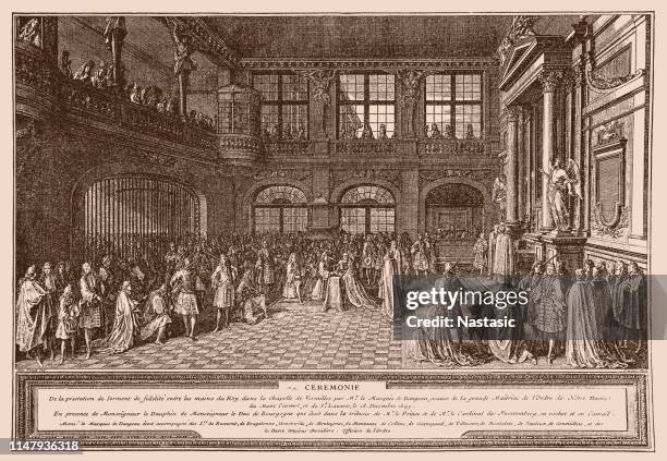 louis xiv receiving the oath of the marquis de dangeau, grand master of the order of saint lazare - chateau de versailles stock illustrations