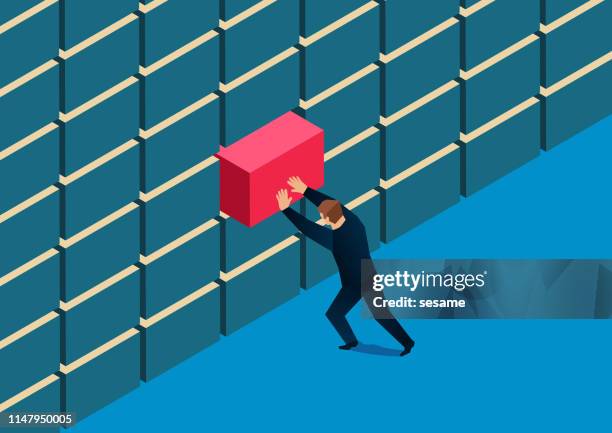 illustrazioni stock, clip art, cartoni animati e icone di tendenza di uomo d'affari che ripara il muro rotto - spingere