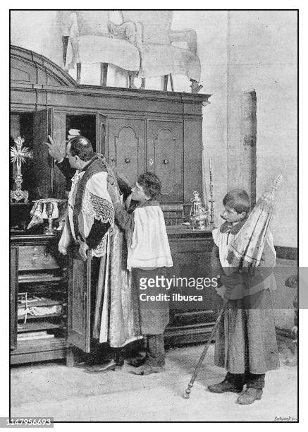 antique photo: priest and altar boys - catholic altar stock illustrations