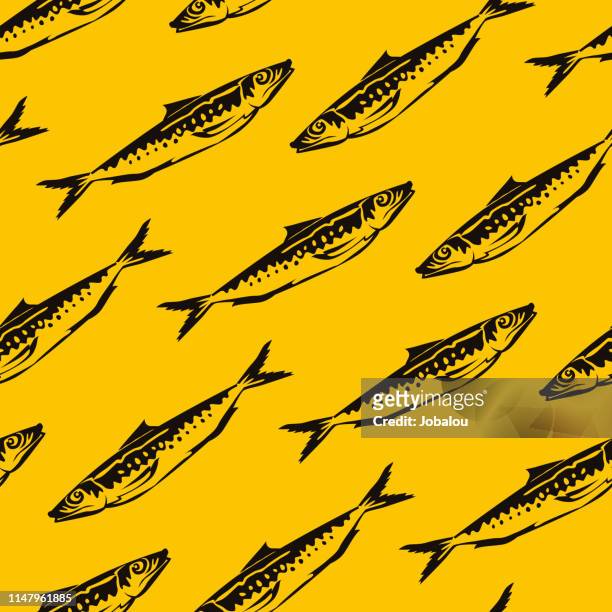 sardine seamless pattern - linocut stock illustrations