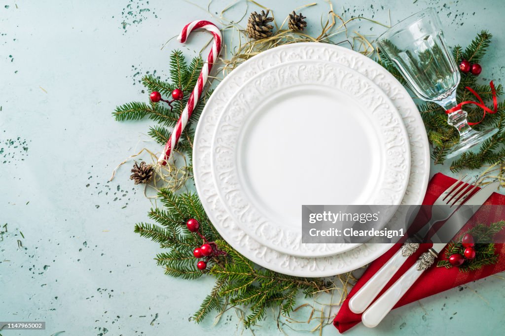 Elegant christmas table setting design (top view, flat lay)