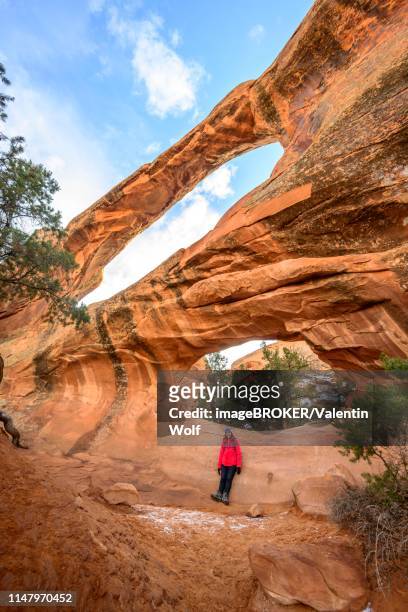 hiker at double o arch, rock arch, devil's garden trail, arches national park, moab, utah, usa - devil's garden arches national park stock pictures, royalty-free photos & images