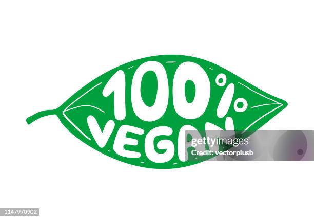 Green leaf with rubber stamp effect and hand lettering of the text 100 vegan