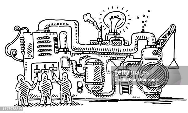 human figures standing in front of complex machine drawing - machinery stock illustrations