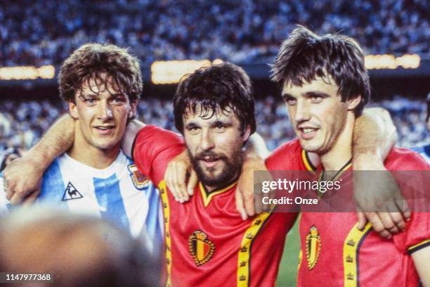 Gabriel Calderon of Argentina, Eric Gerets and Erwin Vandenbergh of Belgium during the Group 3 World Cup 1982 match between Argentina and Belgium in...