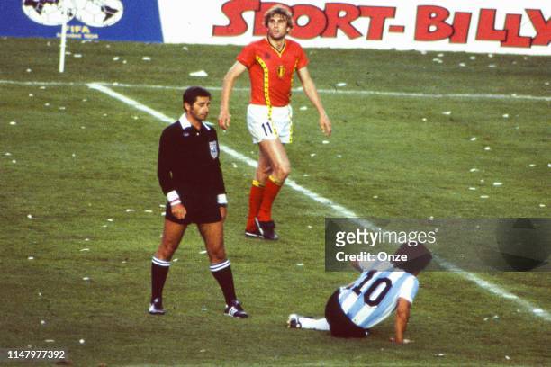 Referee Vojtech Christov, Jan Ceulemans of Belgium and Diego Maradona of Argentina during the Group 3 World Cup 1982 match between Argentina and...