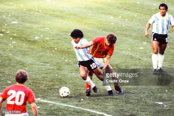 Diego Maradona of Argentina during the Group 3 World Cup 1982 match between Argentina and Belgium in Camp Nou Stadium, Barcelona, on June 13th, 1982....