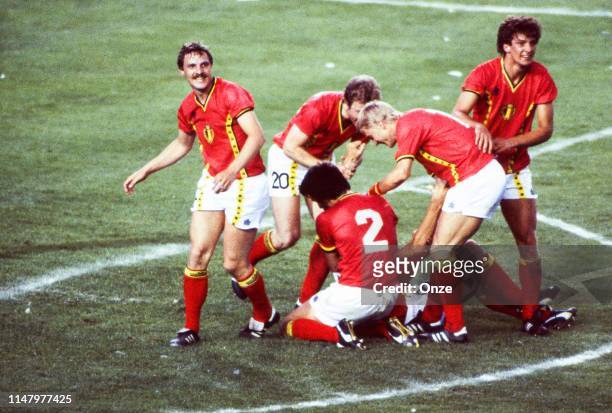 Players of Belgium celebrate during the Group 3 World Cup 1982 match between Argentina and Belgium in Camp Nou Stadium, Barcelona, on June 13th,...