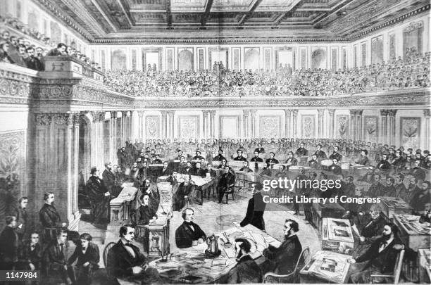 An engraving showing the impeachment trial of President Andrew Johnson in the Senate March 13, 1868. The House approved 11 articles of impeachment...