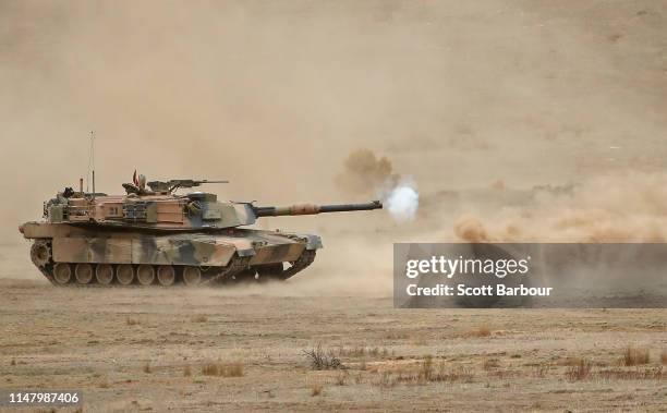 Abrams main battle tank fires during Exercise Chong Ju at the Puckapunyal Military Area on May 09, 2019 in Seymour, Australia. Exercise Chong Ju is...