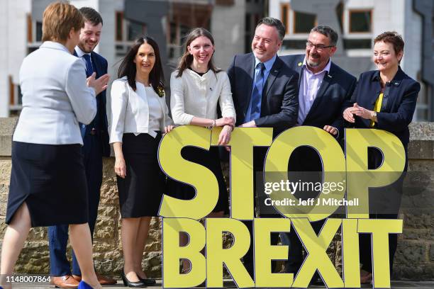 Scottish National Party leader Nicola Sturgeon, attends European Election campaign launch with the six candidates at Dynamic Earth on May 9, 2019 in...