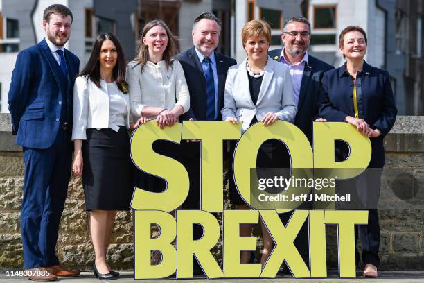 Scottish National Party leader Nicola Sturgeon, attends European Election campaign launch with the six candidates at Dynamic Earth on May 9, 2019 in...