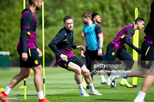 James Chester of Aston Villa in action during a training session at Aston Villa's Bodymoor Heath training ground on May 07, 2019 in Birmingham,...