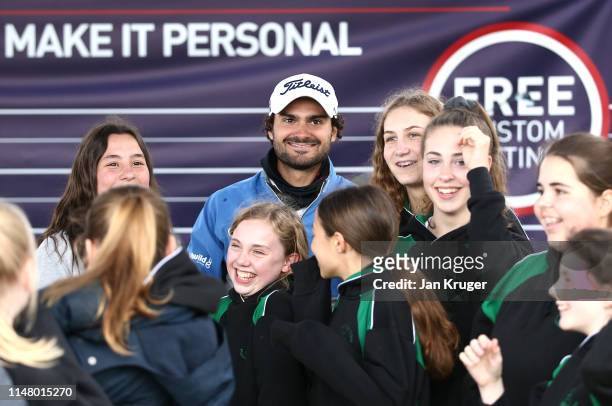 Clement Sordet reacts after taking part in a challenge alongside pupils from Green Bank School during Day 1 of the Betfred British Masters at...