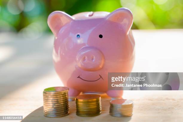 pink piggy bank with some coins on the brown wooden table with the green background describes the concept of business, finance and money saving - home economics ストックフォトと画像