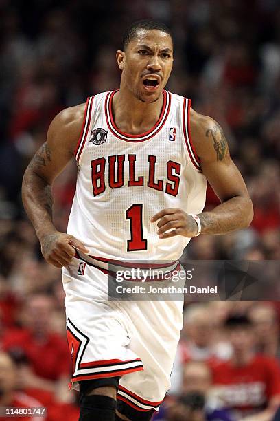 Derrick Rose of the Chicago Bulls reacts against the Miami Heat in Game Five of the Eastern Conference Finals during the 2011 NBA Playoffs on May 26,...