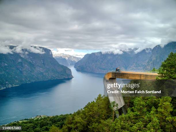 aerial view of the stegastein viewing platform in aurland, norway - stegastein viewpoint stock pictures, royalty-free photos & images