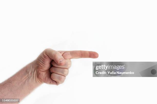 man hand isolated on white background. closeup of male hand pointing. - hand pointing ストックフォトと画像