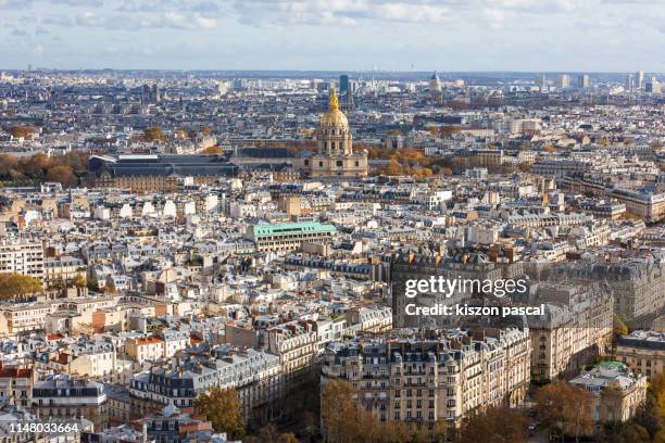 aerial view of paris and les invalides quarter during day , france - les invalides quarter photos et images de collection