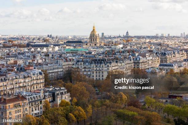 aerial view of paris and les invalides quarter during day , france - les invalides quarter photos et images de collection