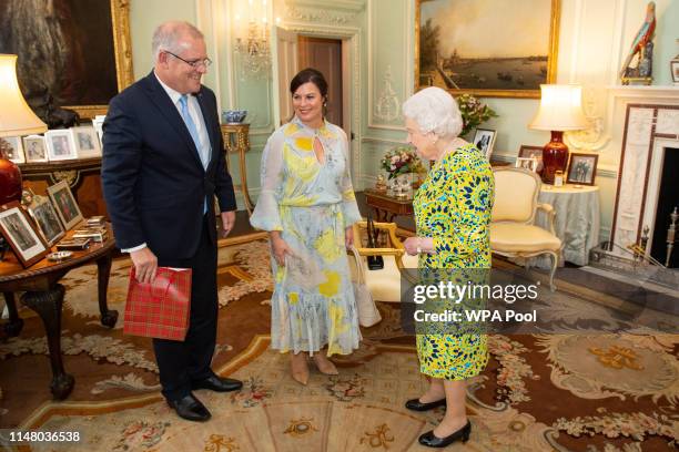 Queen Elizabeth II meets Australian Prime Minister Scott Morrison and his wife Jennifer during a private audience at Buckingham Palace on June 4,...