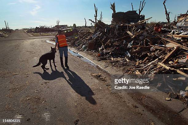 Melinda Clark from the Illinois/Wisconsin search and rescue team uses her dog to search for possible victims of the massive tornado that passed...