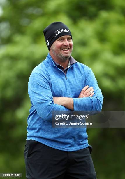 Steve Wheatcroft waits to hit his first shot on the 16th hole during the first round of the Web.com Tour KC Golf Classic on May 09, 2019 in Kansas...