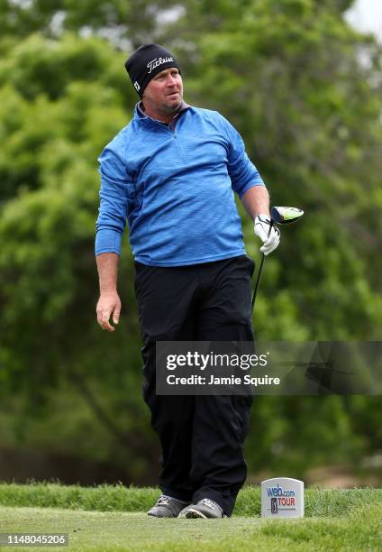 Steve Wheatcroft hits his first shot on the 16th hole during the first round of the Web.com Tour KC Golf Classic on May 09, 2019 in Kansas City,...