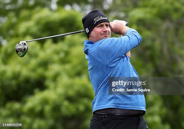 Steve Wheatcroft hits his first shot on the 16th hole during the first round of the Web.com Tour KC Golf Classic on May 09, 2019 in Kansas City,...