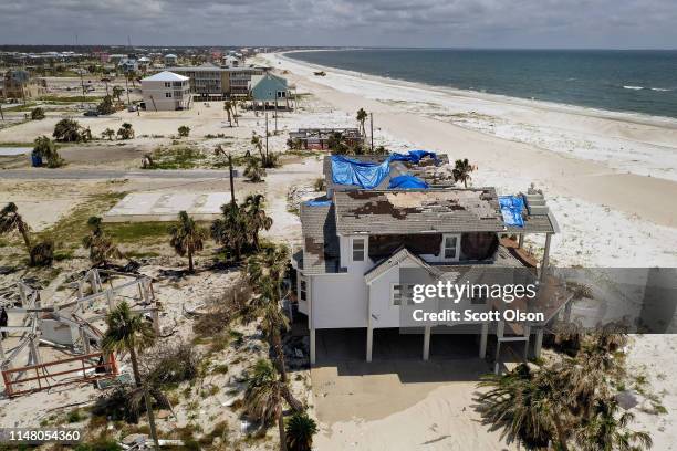 Homes damaged by Hurricane Michael sit along the beach on May 09, 2019 in Mexico Beach, Florida. Seven months after the category five hurricane made...