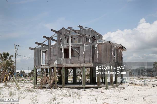The remains of a home that was destroyed by Hurricane Michael sits along the beach on May 09, 2019 in Mexico Beach, Florida. Seven months after the...