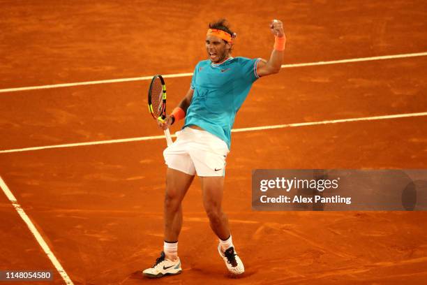 Rafael Nadal of Spain celebrates victory during his match against Frances Tiafoe of The United States during day six of the Mutua Madrid Open at La...