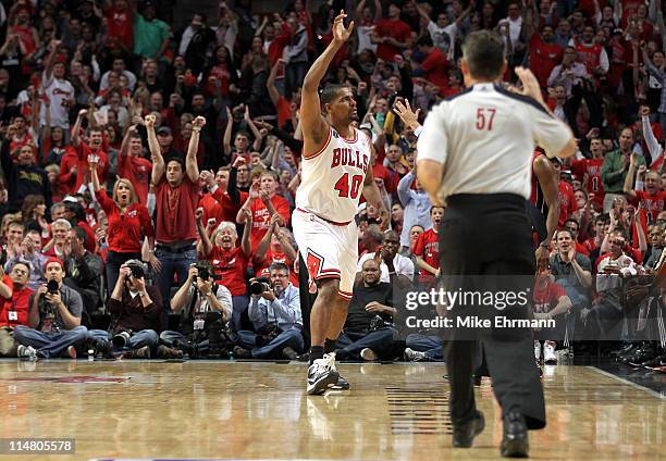 Kurt Thomas of the Chicago Bulls reacts after he made a shot in the second half against the Miami Heat in Game Five of the Eastern Conference Finals...