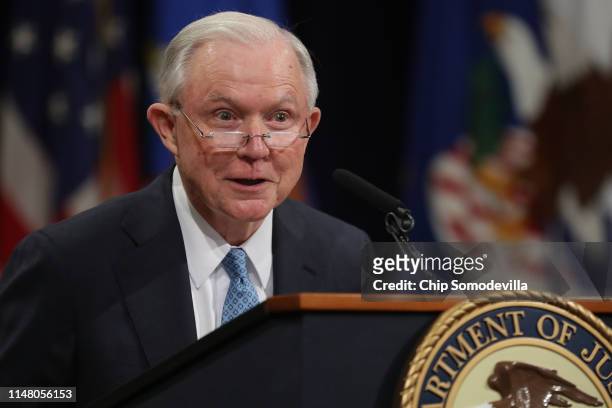 Former U.S. Attorney General Jeff Sessions delivers remarks during a farewell ceremony for Deputy Attorney General Rod Rosenstein at the Robert F....