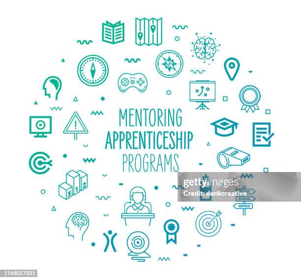 mentoring lehrlingsprogramme outline style infographisches design - auszubildender stock-grafiken, -clipart, -cartoons und -symbole