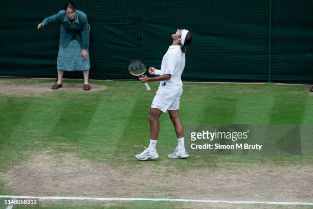 Roger Federer of Switzerland in action during the Men's Single Semi Final against Andy Roddick of USA at The Wimbledon Lawn tennis Championship at...
