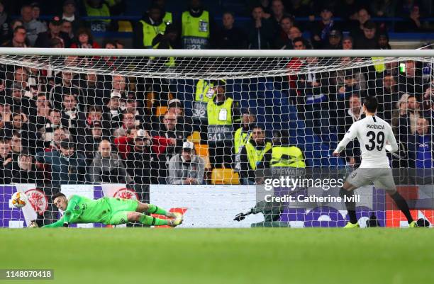 Kepa Arrizabalaga of Chelsea saves a penalty from Goncalo Paciencia of Eintracht Frankfurt in the penalty shoot out during the UEFA Europa League...