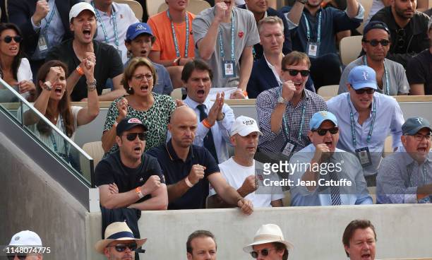 Roger Federer's box with coaches Severin Luthi, Ivan Ljubicic, Pierre Paganini, agent Tony Godsick, second row Mary-Jo Fernandez, his mother Lynette...