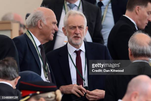 Leader of the Liberal Democrats, Vince Cable and leader of the Labour Party, Jeremy Corbyn speak as they arrive for the D-Day Commemorations on June...