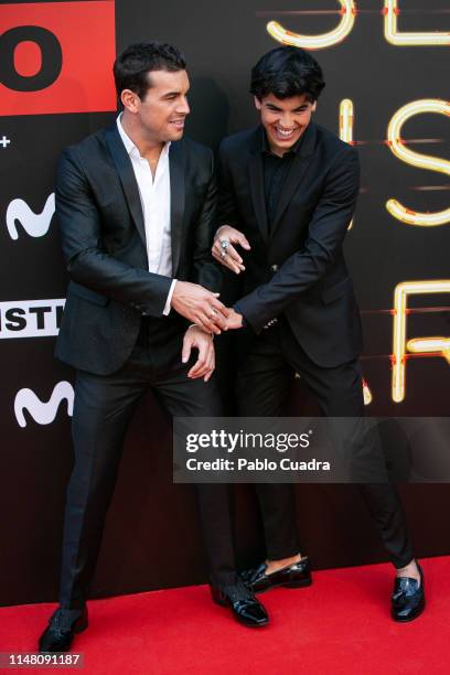 Actors Mario Casas and his brother Oscar Casas attend "Instinto" premiere by Movistar at Callao Cinema on May 09, 2019 in Madrid, Spain.