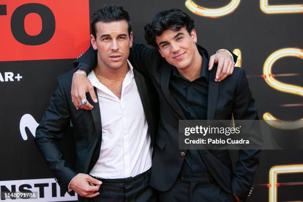 Actors Mario Casas and his brother Oscar Casas attend "Instinto" premiere by Movistar at Callao Cinema on May 09, 2019 in Madrid, Spain.