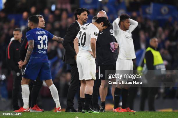 Makoto Hasebe of Eintracht Frankfurt shows dejection after the UEFA Europa League Semi Final Second Leg match between Chelsea and Eintracht Frankfurt...