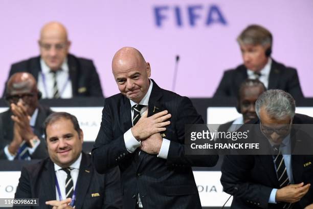 President Gianni Infantino reacts after being re-elected by acclamation for a second term at the 69th FIFA Congress at Paris Expo, Porte de...