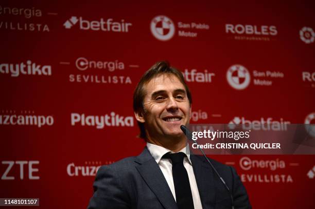 Spaniard Julen Lopetegui speaks during his presentation as new head coach of Sevilla FC at the Ramon Sanchez Pizjuan stadium in Seville on June 5,...