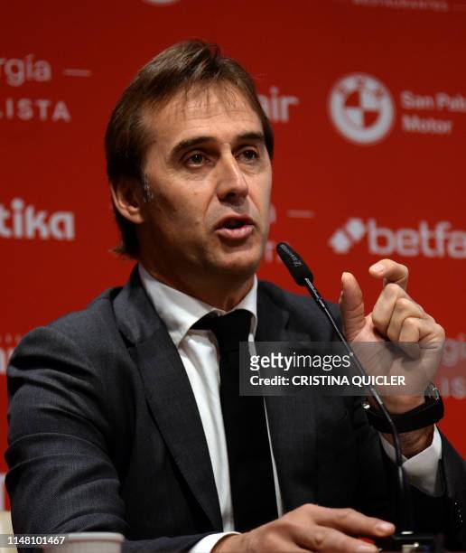 Spanish coach Julen Lopetegui holds a press conference during his presentation as new head coach of Sevilla FC at the Ramon Sanchez Pizjuan stadium...