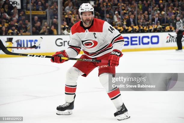 Justin Williams of the Carolina Hurricanes skates against the Boston Bruins in Game One of the Eastern Conference Final during the 2019 NHL Stanley...