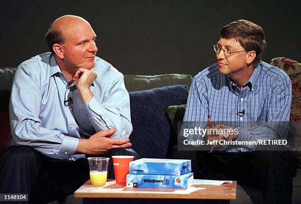 Bill Gates, Chairman and CEO of Microsoft talks with Steven Ballmer, who was named President of Microsoft July 21, 1998 in Redmond, Washington....