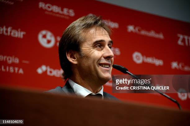Spanish coach Julen Lopetegui holds a press conference during his presentation as new head coach of Sevilla FC at the Ramon Sanchez Pizjuan stadium...