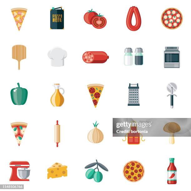 stockillustraties, clipart, cartoons en iconen met pizza platte ontwerp icon set - tomato stock illustrations