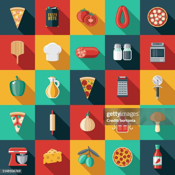 pizza flat design icon set - margherita pizza clip art stock illustrations